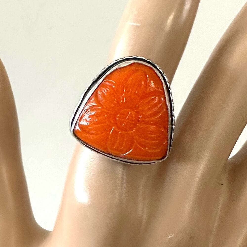 Flower carved coral reddish orange gemstone ring‎  925 silver plated adjustable